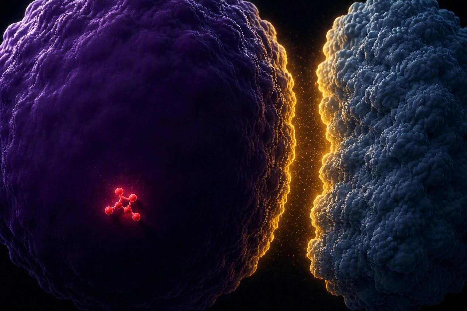 Diagram contrasting a small molecule unable to grip a featureless protein surface on the left with a large protein-protein interface too broad to block on the right
